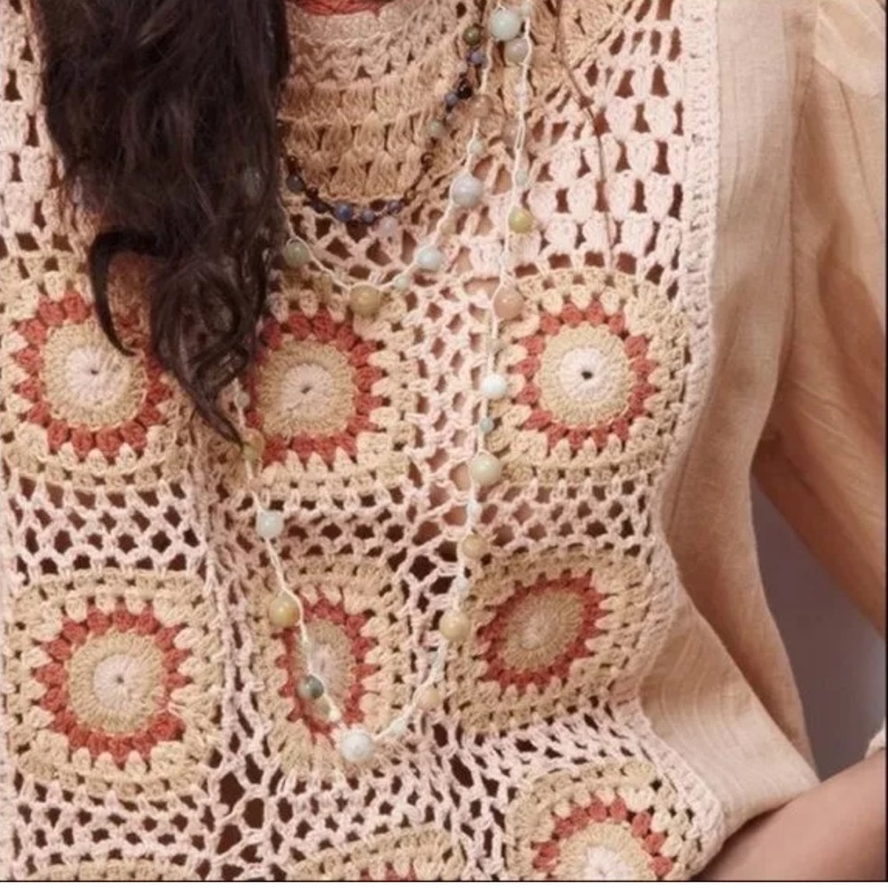 Zara Boho Bohemian Crochet Detail Top Tan Beige linen blend L - Picture 3 of 14